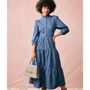 NWT Rihoas Mock Neck Tiered Denim Midi Dress Size L